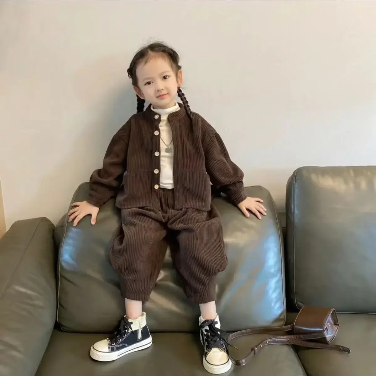 Boys Girls Korean Corduroy Stand Up Collar Single Breasted Top Pants Spring Autumn Set Childrens Casual Twopiece Clothing 241225