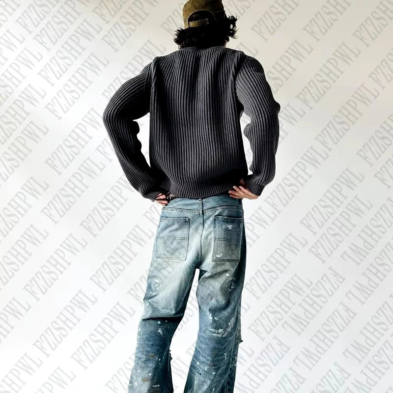 High street solid color pattern knitted sweater fashion cotton 90S top loose cotton street American retro punk hops mens sweater 241224