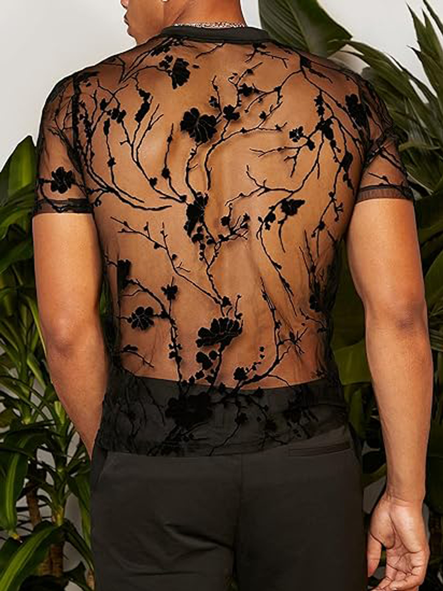Men's T Shirts Summer Thin Floral Design Flocked Sexy Round Neck See Through Mesh Short T Shirt Sports Brand Fashion Clothes