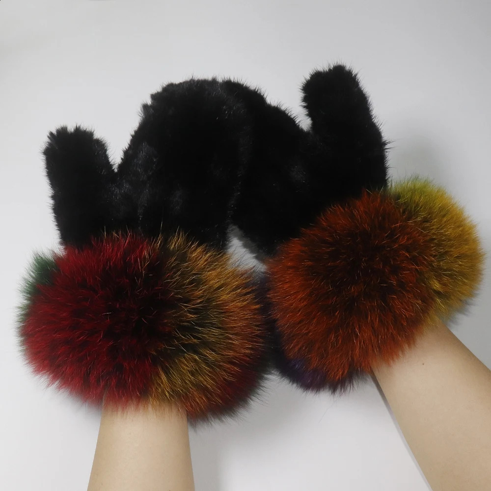 Winter Women 100% Real Mink Fur Gloves With Fox Fur Cuff Warm Natutal Fur Glove Female Thick Knit Real Mink Fur Mittens 241226