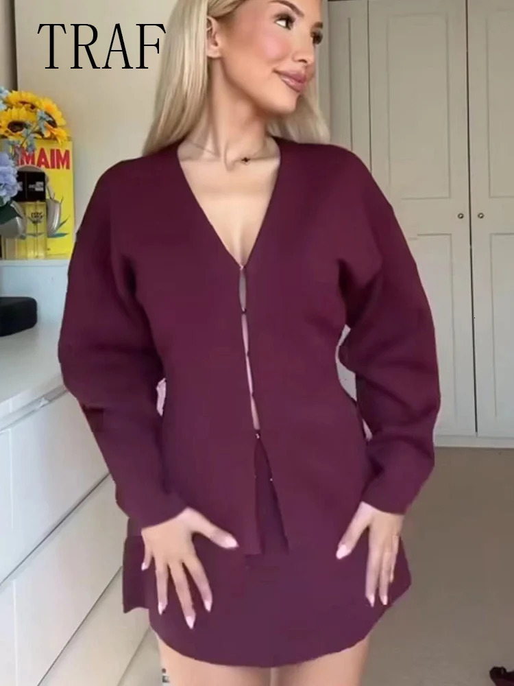 TRAF Autumn Skirt Set Woman Knitted Cardigan 2024 V Neck Loose Sweater Stretch Skirts Winter Office Lady 241220