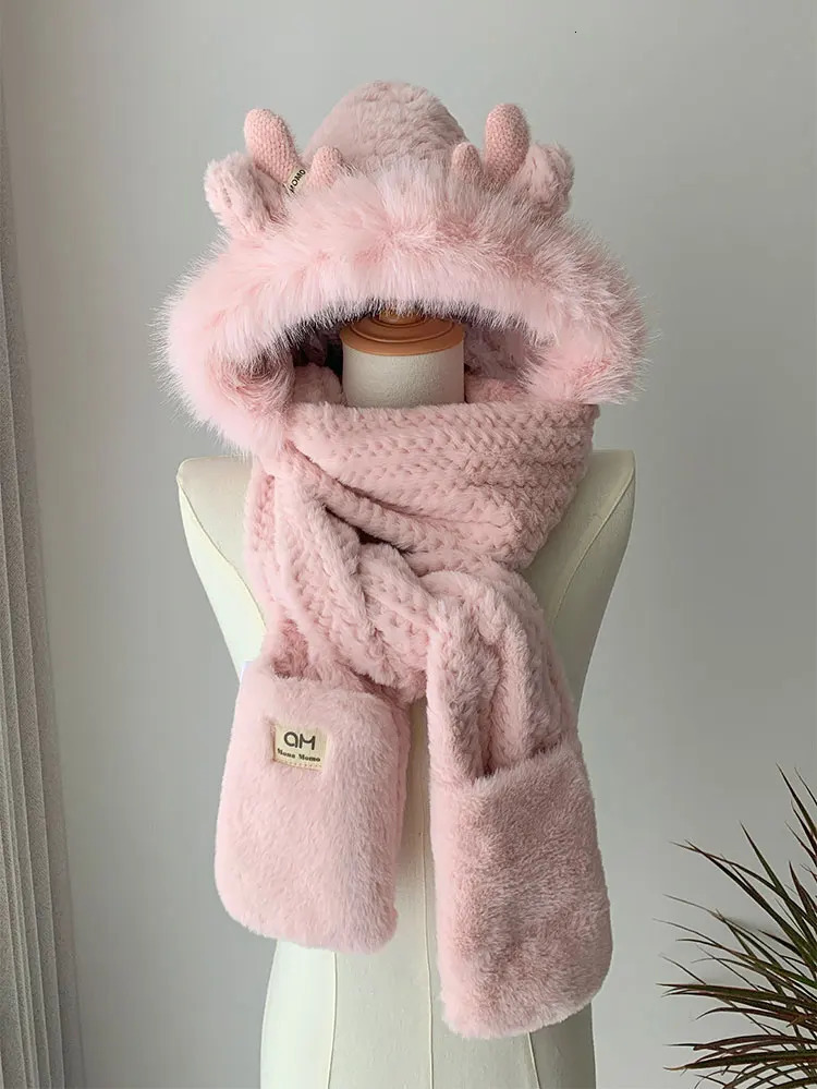Fashion Elk Antlers Plush Hat Scarf Gloves Womens Winter Ear Protector Thickened Lei Feng Hat Cycling Ski Cap Wind Proof 241225