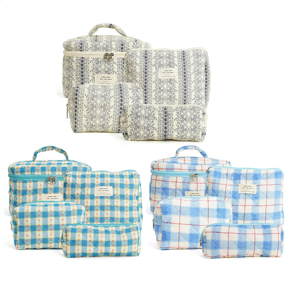 Travel Makeup Bag for Women Quilted Skincare Bag 4PCS Floral Make Up Organizer Travel Shopping Bag 241226