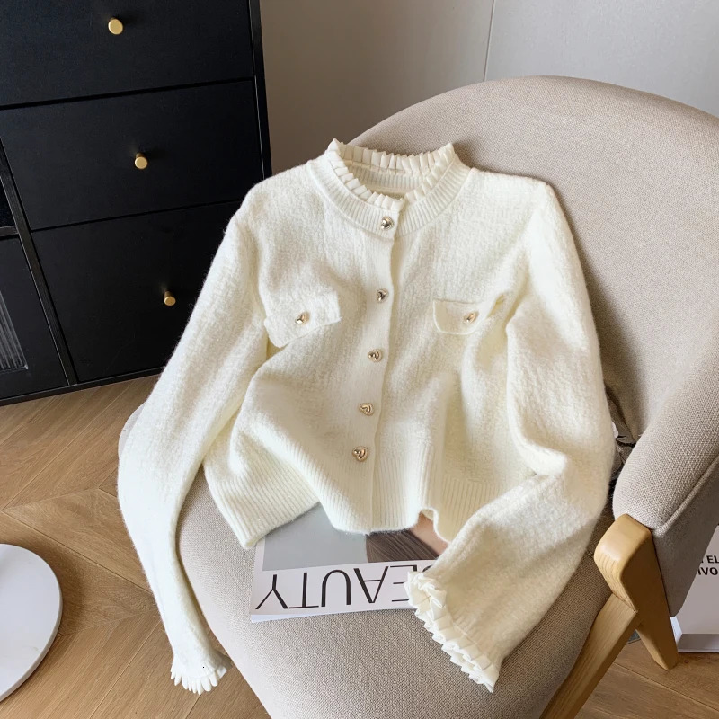 2024 Autumn Winter Cashmere Sweater Women Korean Style Casual Ruffles White Pink Red Long Sleeve Knitted Cardigans For 241225