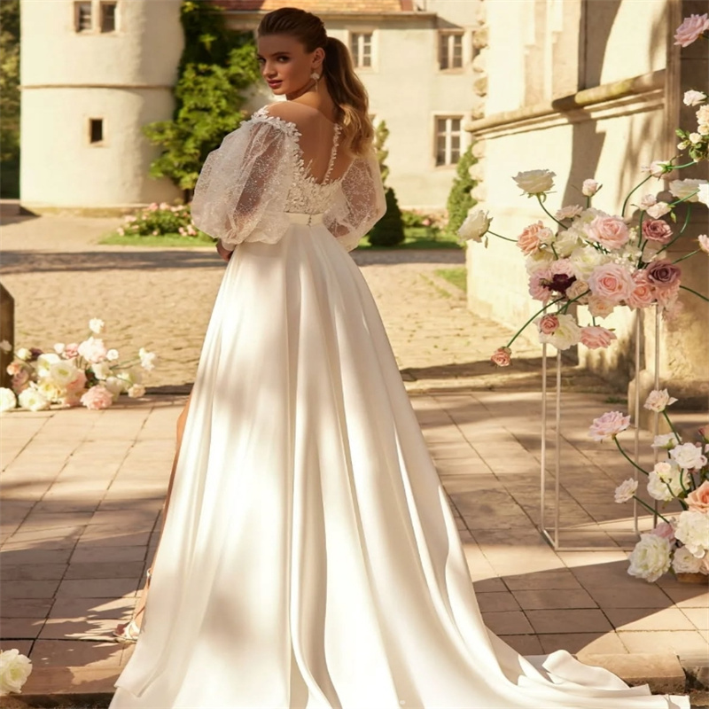 Fairy Gatsby Wedding Dresses With Slit Puff Sleeves A Line Tulle Country Bride Dress Elegant Robe De Mariee Boho Vestidos De Novia 2025 Bohemian