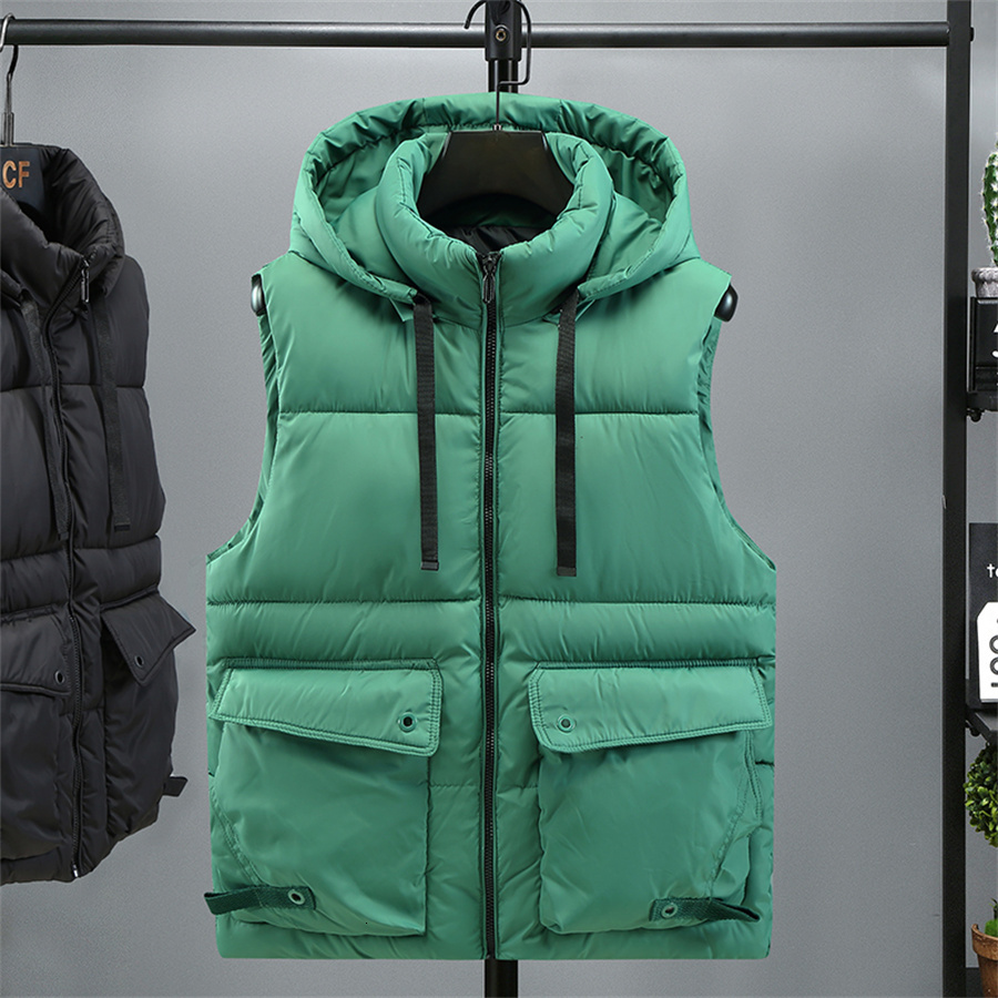 Green Men's Hooded Vest 2025 Winter Zipper Warm Stand Collar Waistcoat Men Cotton Padded Sleeveless Jackets With Big Pockets