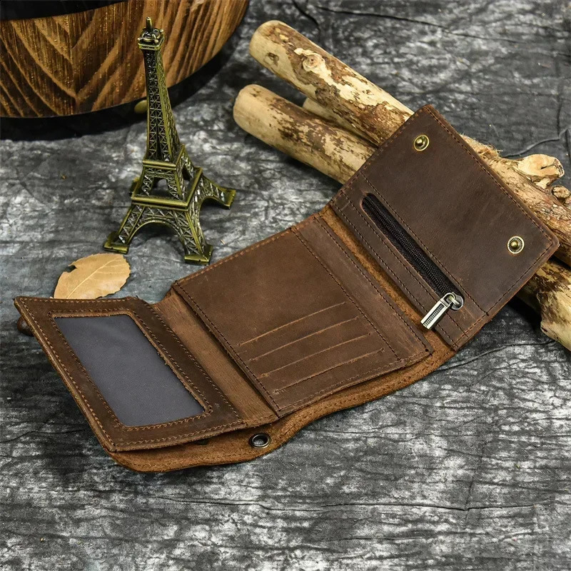 Men Genuine Leather Short Wallet with Chain Zipper Clutch Wallets Male Short Trifold Purse Card Holder Change Coin Purse 241224