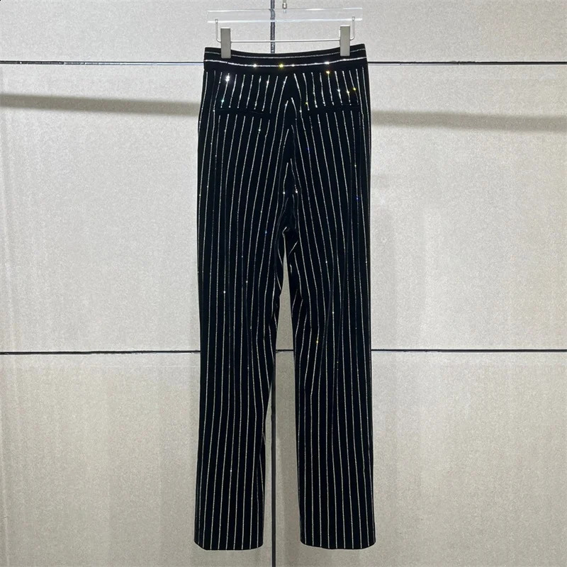 Womens pants Spring shiny rhinestone decorated womens straight leg pants gold velvet slim fit striped suit pants y2k 241224
