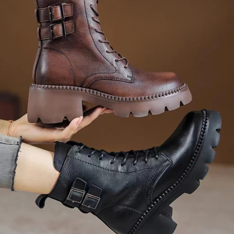 Shoes for Women Cross-tied Womens Boots Fashion Belt Buckle Casual Boots Women Round Toe Ankle Boots Zapatos 241226