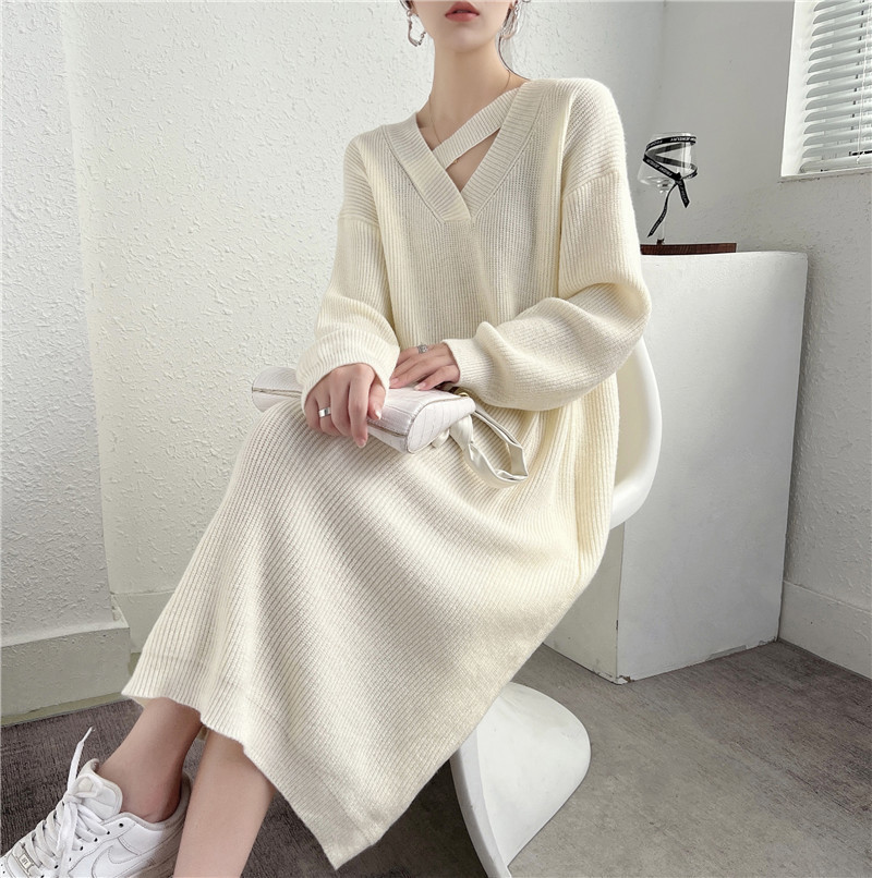 G699514 Large size knitted dress 2024 autumn and winter new loose solid color mid-length over-the-knee sweater for women