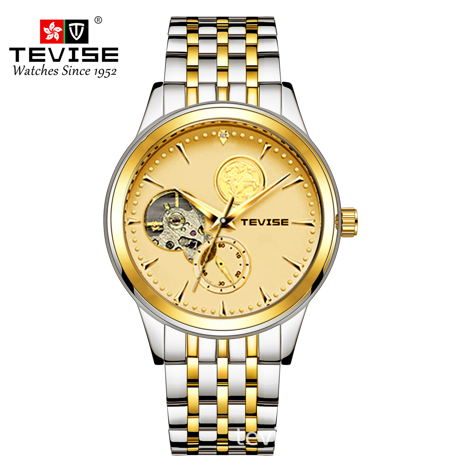 Swiss TEVISE Mechanical Mens Watch Kylin Automatic Waterproof, with Solid Steel Strap Luxury Watch Mens T007 9006
