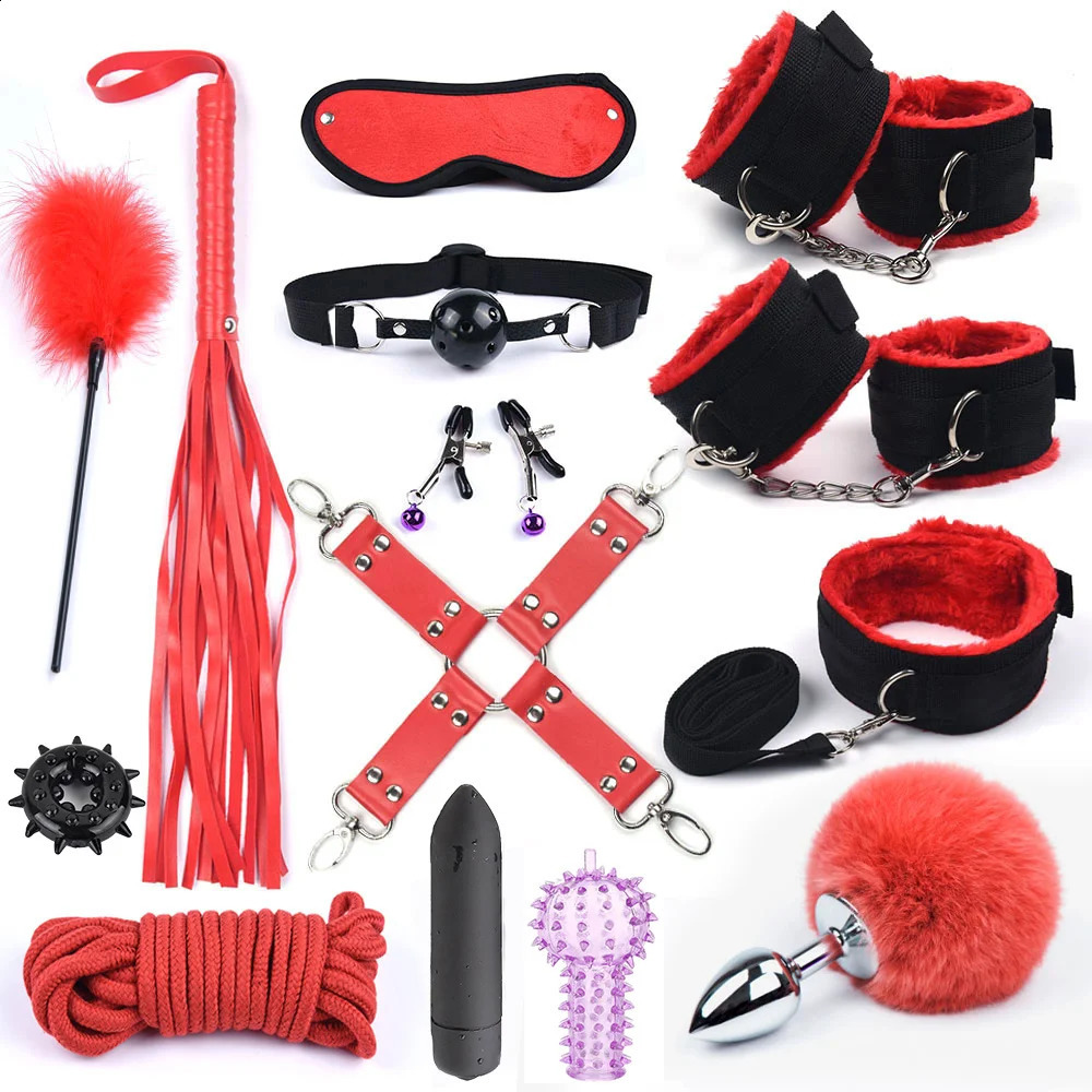 Rabbit Tail Anal Plug Bondage Set Sex Toys For Women Whip Handcuffs For Sex Bdsm With 10 Speed Vibrator Exotic Adult Games 241226