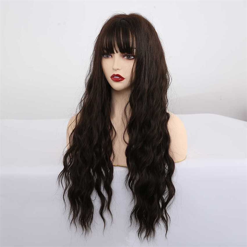 Synthetic Wigs Easihair Long Water Wave Dark Brown Synthetic Wigs for Women Cosplay with Bangs Heat Resistant Pink Black Hair Natural 230227 Hair Wigs