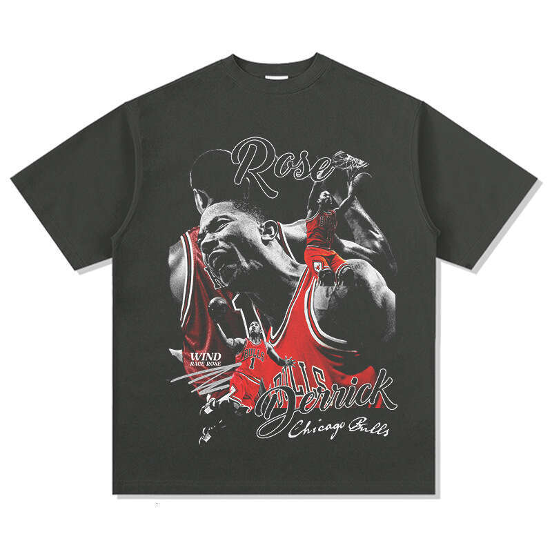 Ross print American high street basketball long short sleeved washed distressed round neck hooded sweatshirt