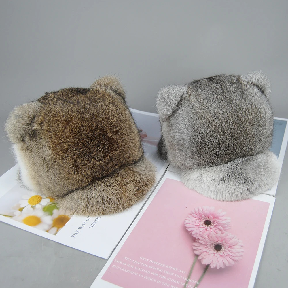 Rabbit Fur Hats for Women Winter Warm Solid Genuine Fur Cap High Quality Female Fur Hat with Tail Cute Girls Cat Hats 241225