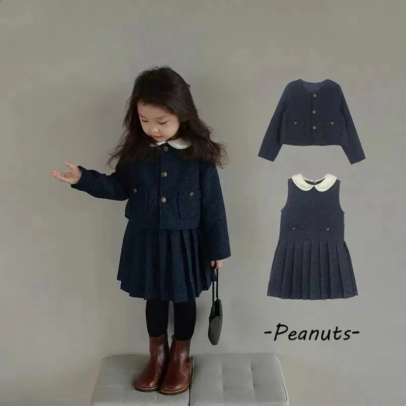 Autumn Winter Little Girl 2PCS Clothes Set Solid Woolen Outerwear Coat Outfits Turn Down Collar Pleated Sundress Baby Suits 241225