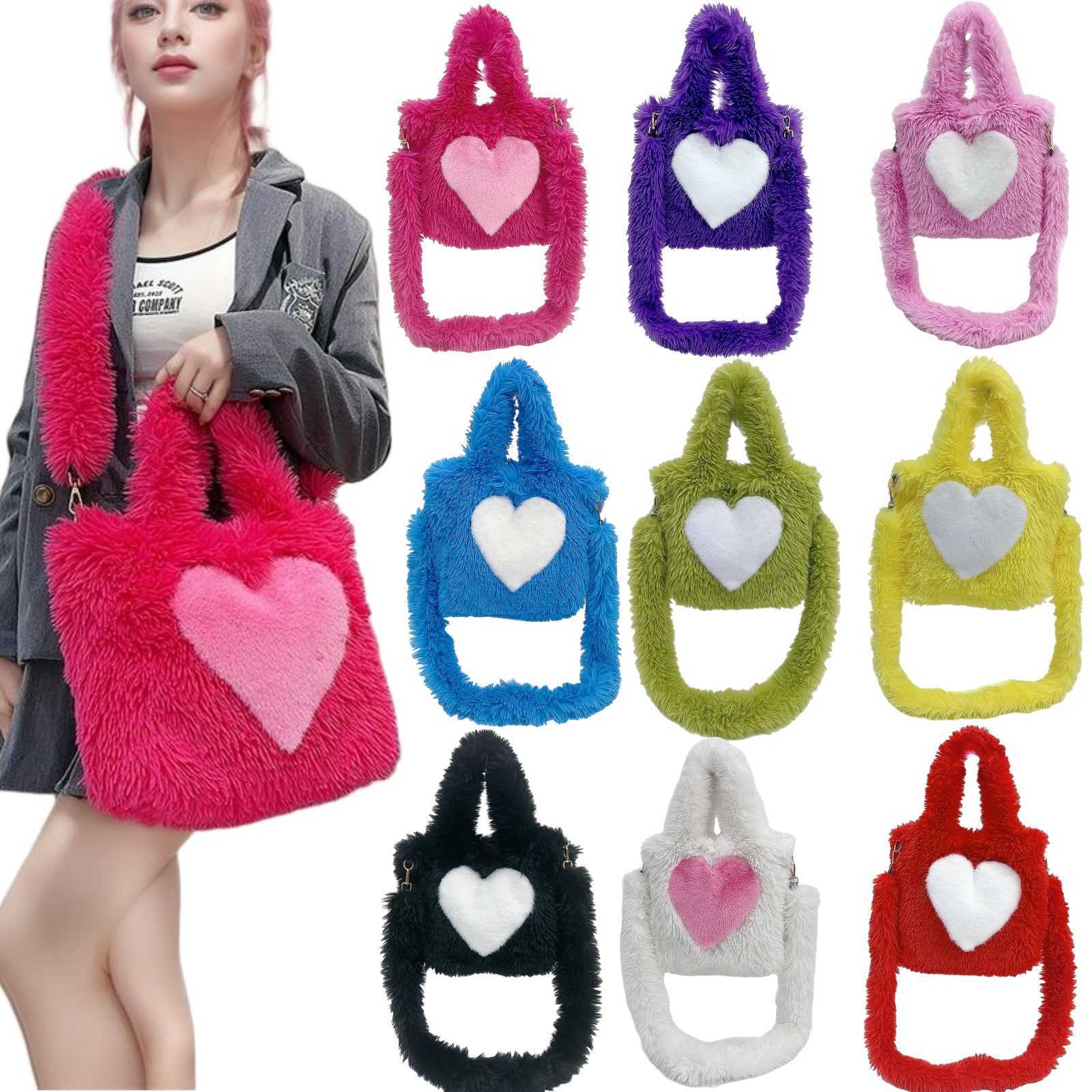 Hairy Bag Women's Heart Pattern Large Capacity Plush Tote Bag Internet Celebrity Casual Shoulder Bag 241215