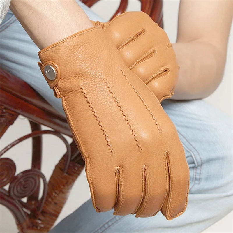 High Quality Rushed Men Genuine Leather Gloves Deerskin Glove Wrist Driving Winter Cashmere Lining EM012WR-5 241226