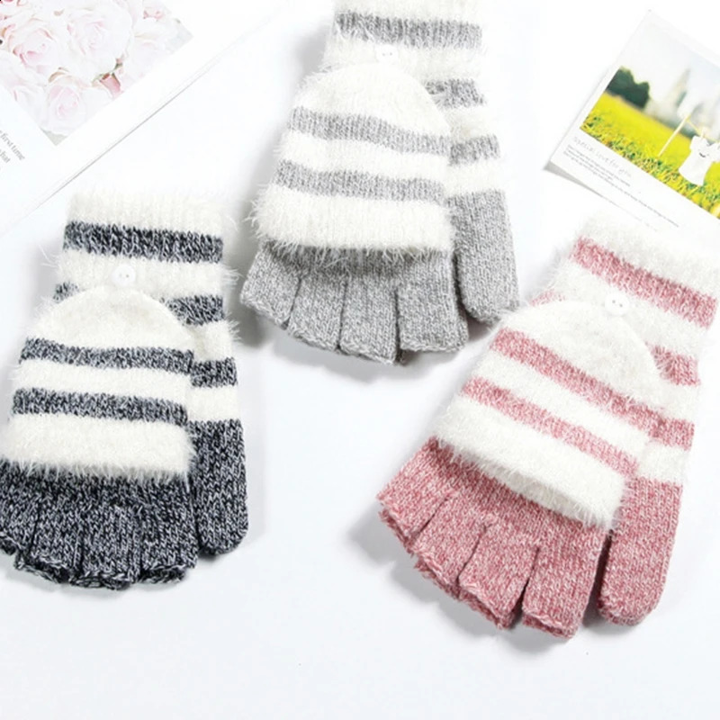Plush Striped Gloves Fingerless Gloves with Flip Top Winter Knitted Mittens M6CD 241226