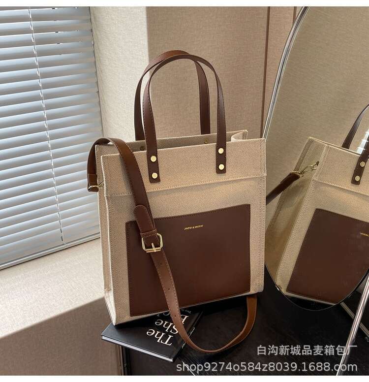 Large Capacity Spliced Canvas Women's New Popular Crossbody Bag, Fashionable Casual Commuting Shoulder Bag