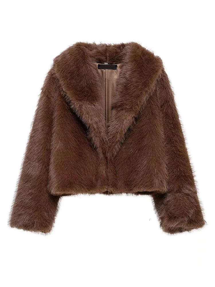 Vintage Brown Fluffy Faux Fur Short Coat Loose Lapel Buckle Jacket 2024 Winter Lady High Street Warm Thick Outwear 241223