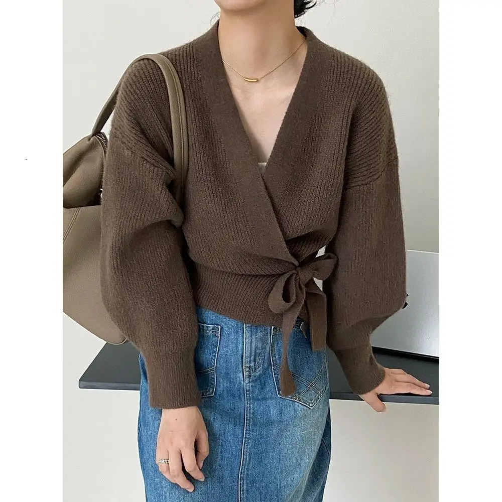 Early Autumn Bow Tie VNeck Knit Womens Short High Waist Cardigan Sweater Coat Overlay n Sense Top 241225