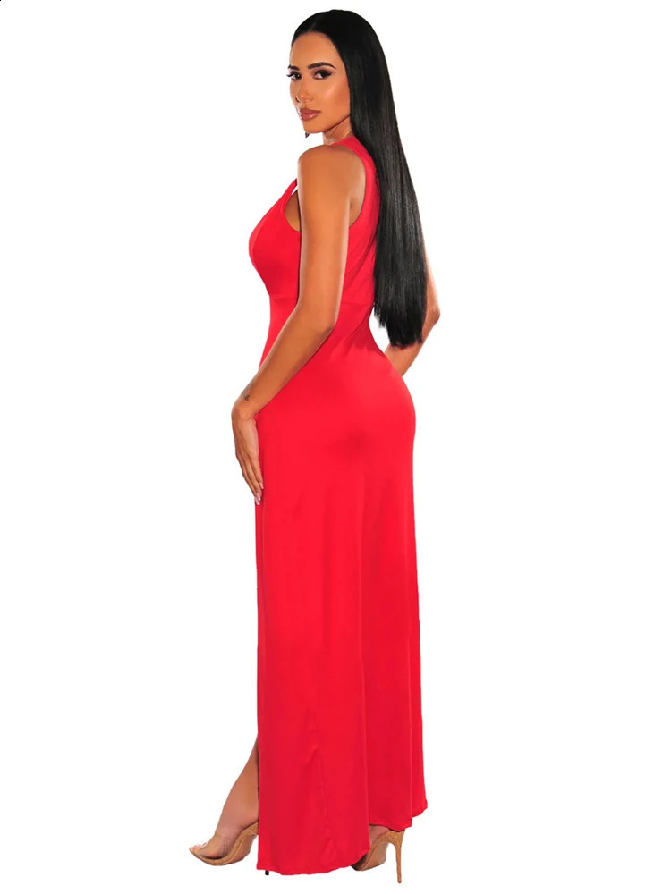Sexy Deep V Neck High Split Bodycon Cocktail Party Maxi Dress Women Formal Evening Dress Solid Red Summer Long Club Dress 241226