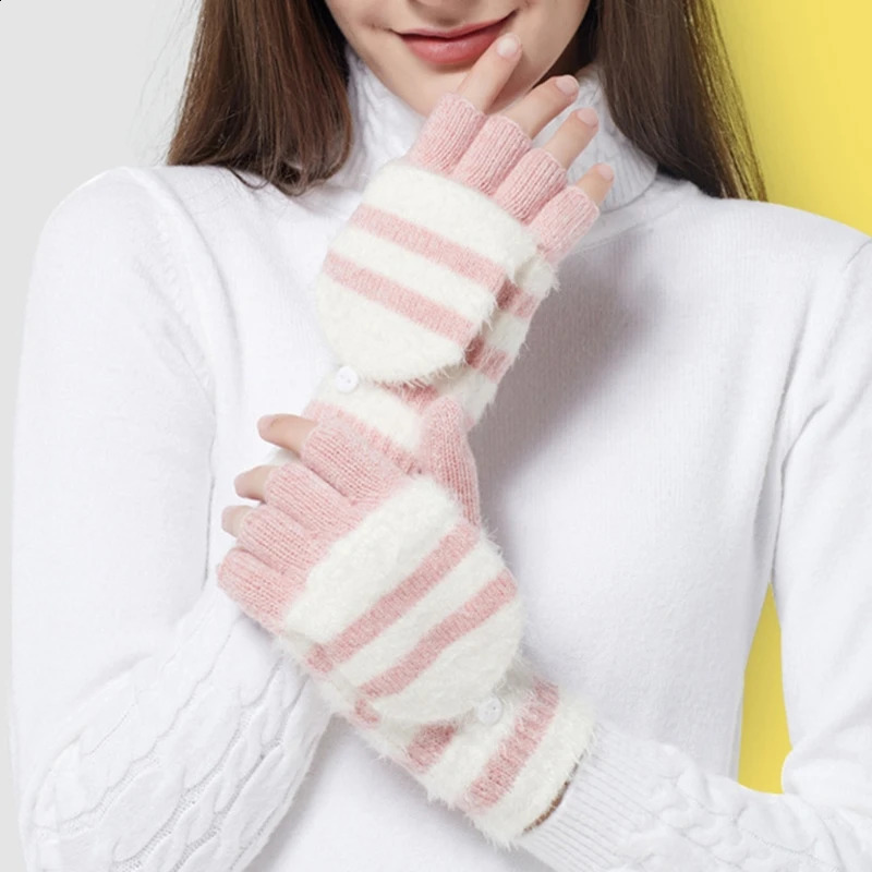 Plush Striped Gloves Fingerless Gloves with Flip Top Winter Knitted Mittens M6CD 241226