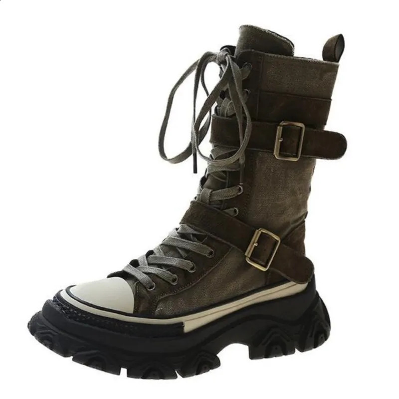 Thick platform women boots vintage canvas tooling High top knight boots Round head muffin sole side zip Belt buckle boots C21 241226