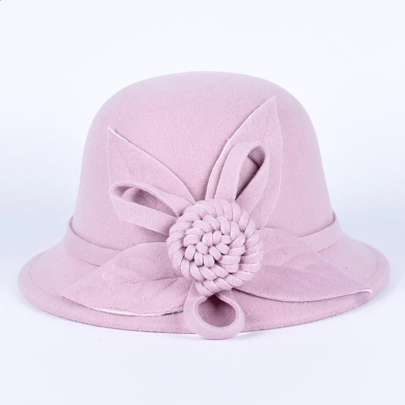 Womens Hat Winter Autumn Warm Ladies Church Bowler Hats Elegant Wool Fedora Hat Flower Vintage Felt Cap Red Pink White 241226