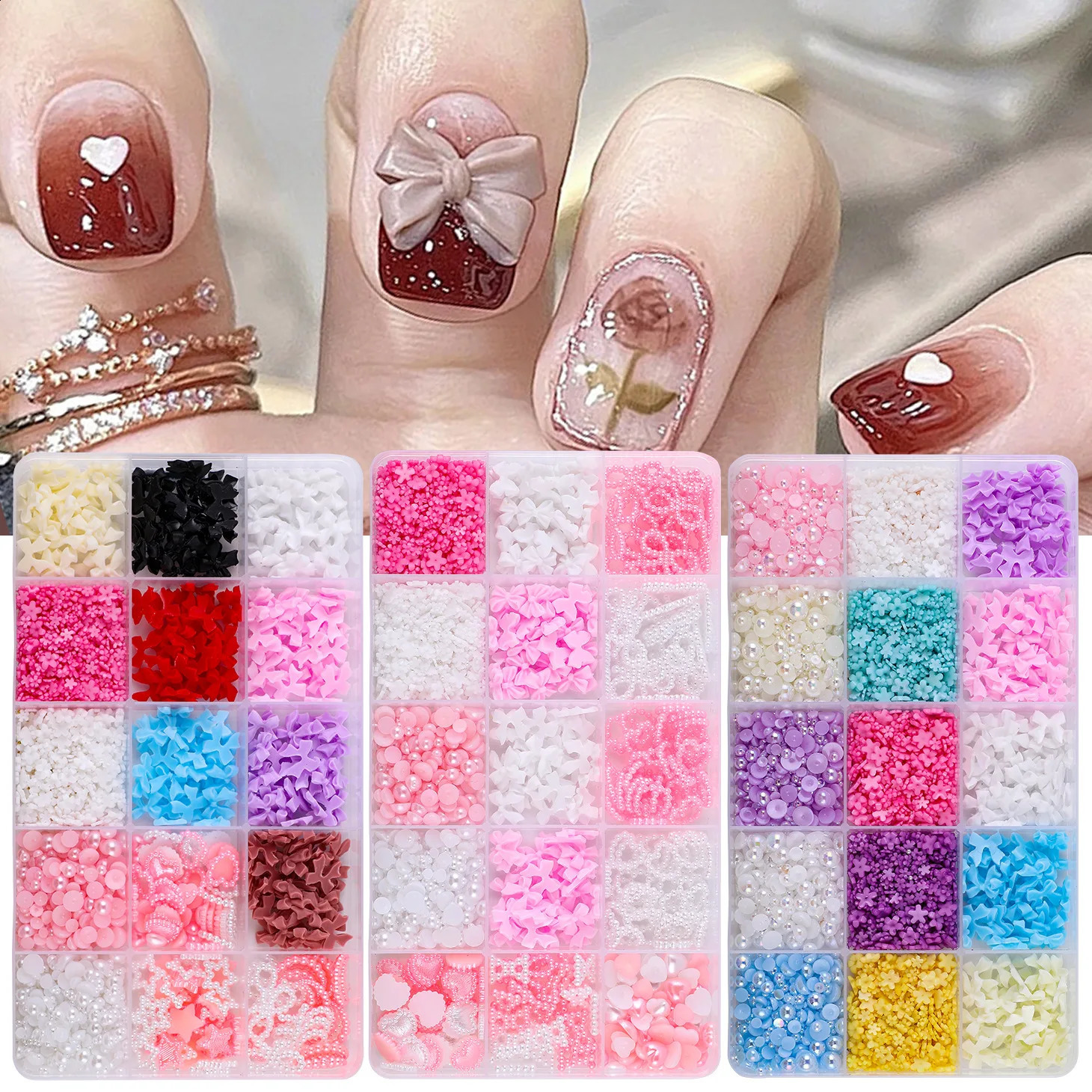 12Grids/box Mixed Resin Bowknot Nail Art Decorations 3D Acrylic Charms Kawaii Colorful Bow Rhinestone DIY Manicure Tools Parts 241226