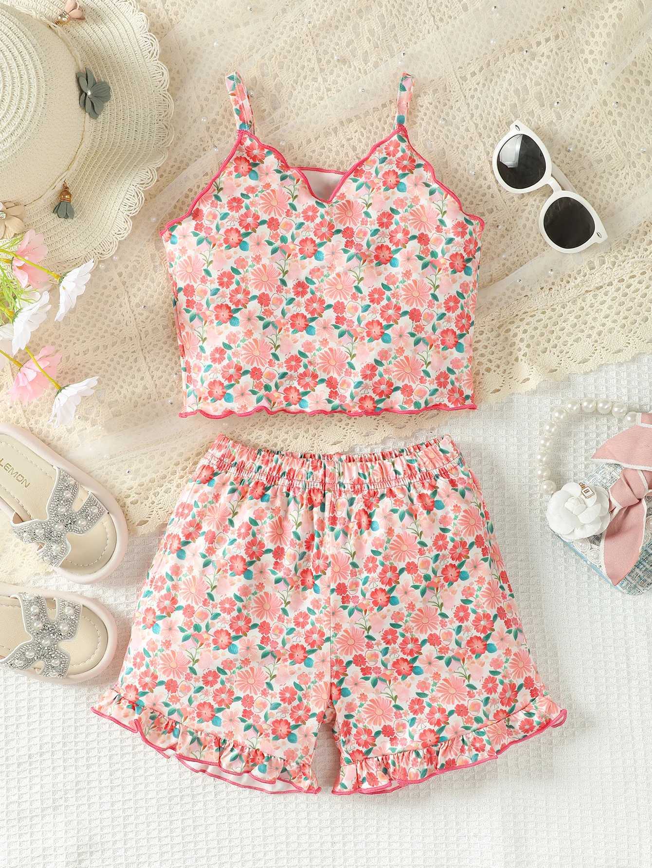 Clothing Sets 2PCS Summer Kid Girls Lovely Clothes Set Floral Sling Top with Shorts Fresh Pastoral Daily Casual Costume Childre Girl 4-7 YearsY241225E