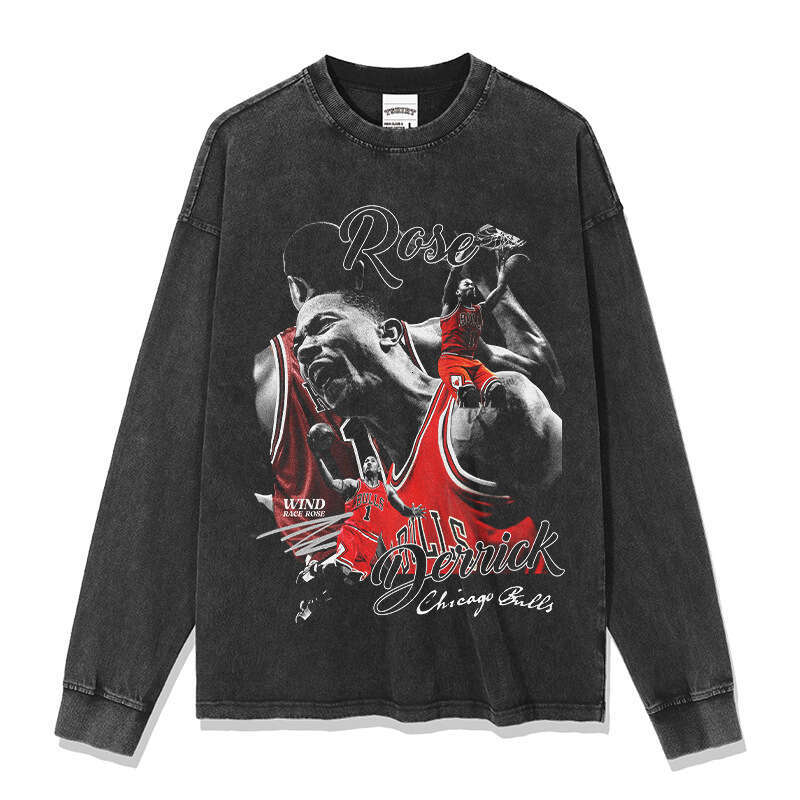 Ross print American high street basketball long short sleeved washed distressed round neck hooded sweatshirt