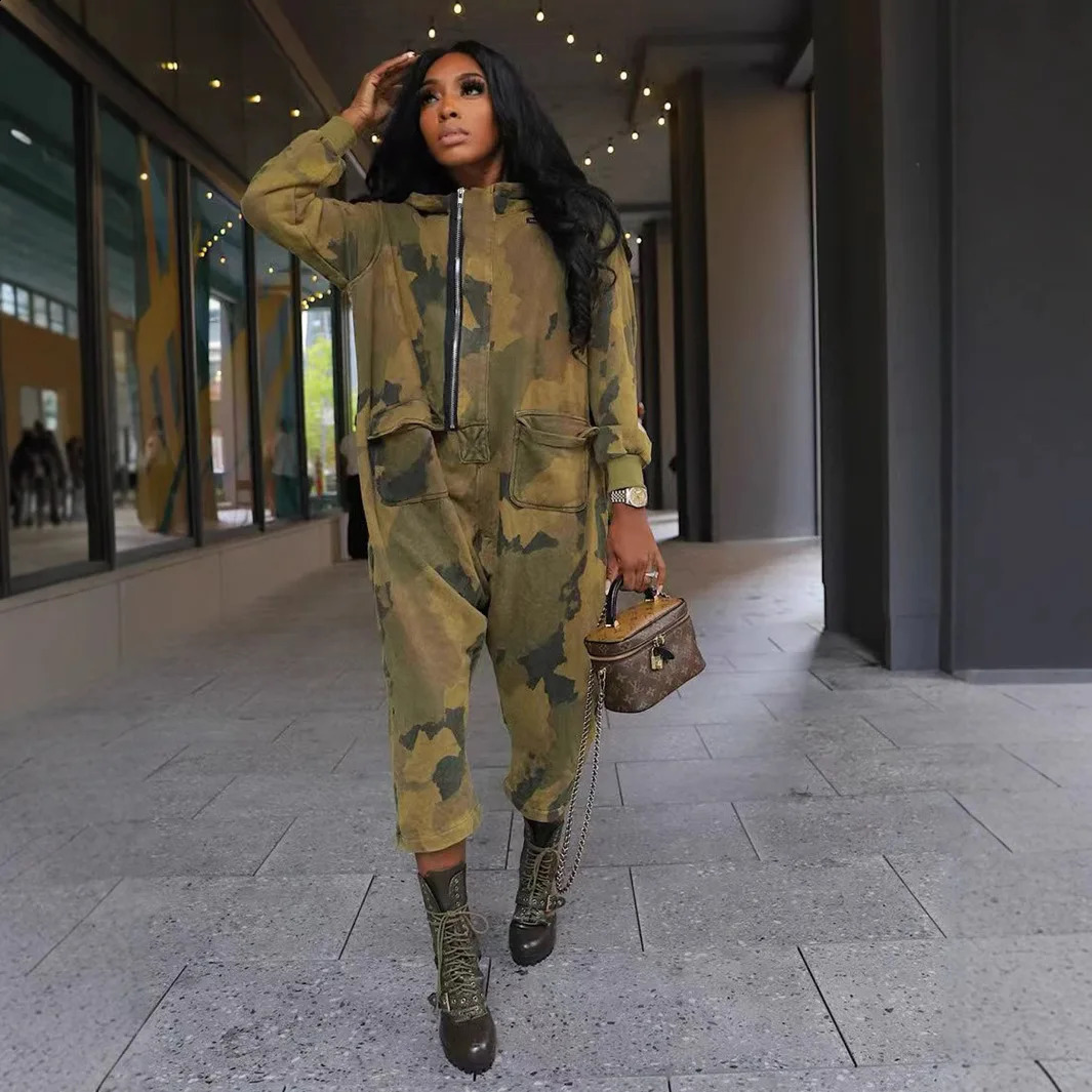 Casual Hooded Camo Jumpsuit Women One Piece Outfit Autumn Winter Street Pocket Pant Female Bodycon Elegant Jumpsuit 241224