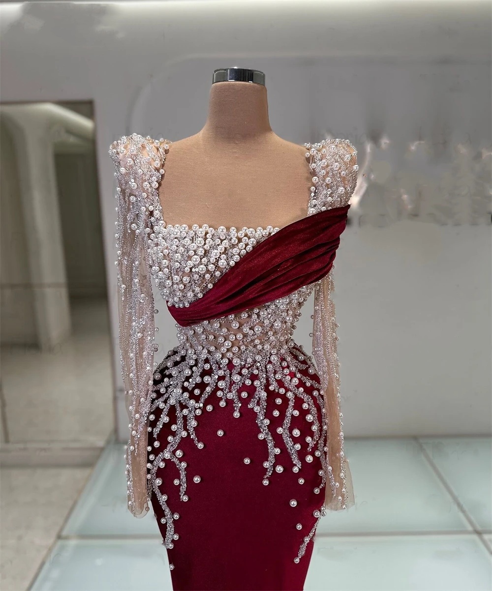 Designer Evening Dresses For Women Square Neck Long Sleeves Gown Sequins Pearls Beaded Customized Dress Party
