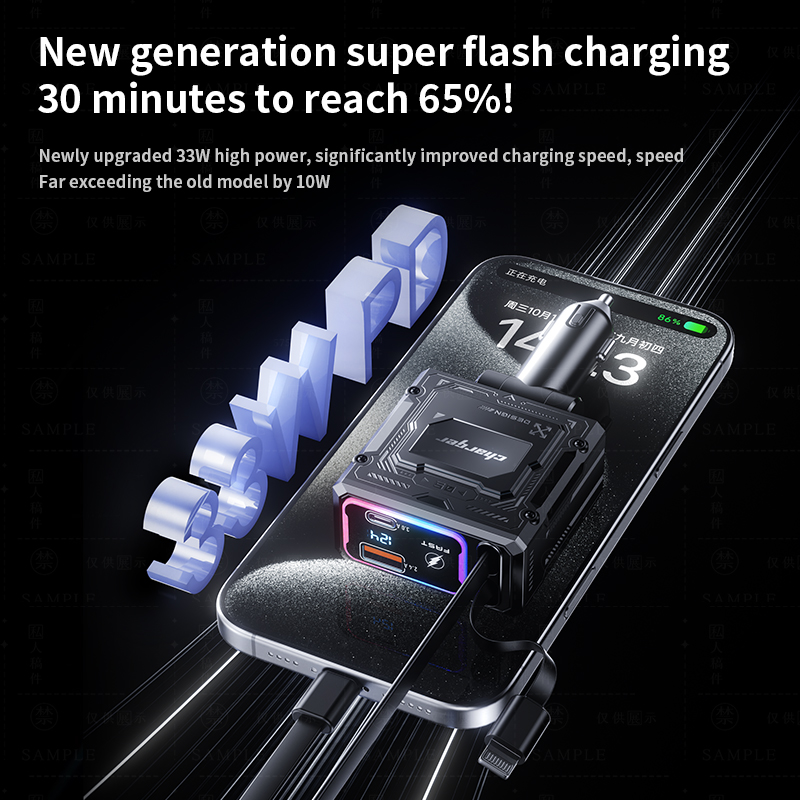 Fast Charge 120W 4-in-1 Vehicle Charging Hub with Digital Display - Compatible with iPhones and Samsungs