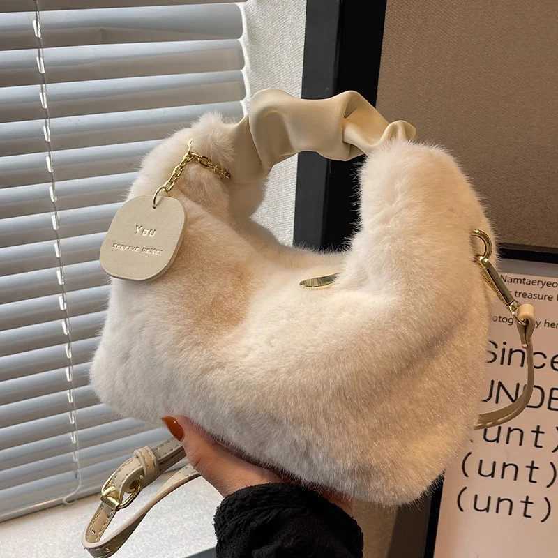 Women Plush Handbags Ruched Handle Small Lady Shoulder Crossbody Bag Casual Tote Half-Mo Hobos Winter BagsXJ241225