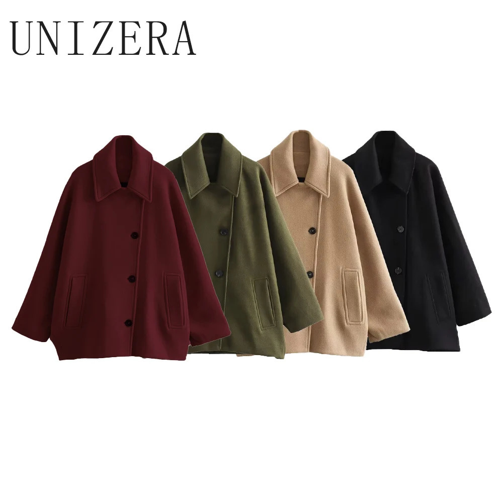 UNIZERAShort Blended Coat for Women Casual Polo Neck Personalized Top Cloak Sleeve Winter 241225