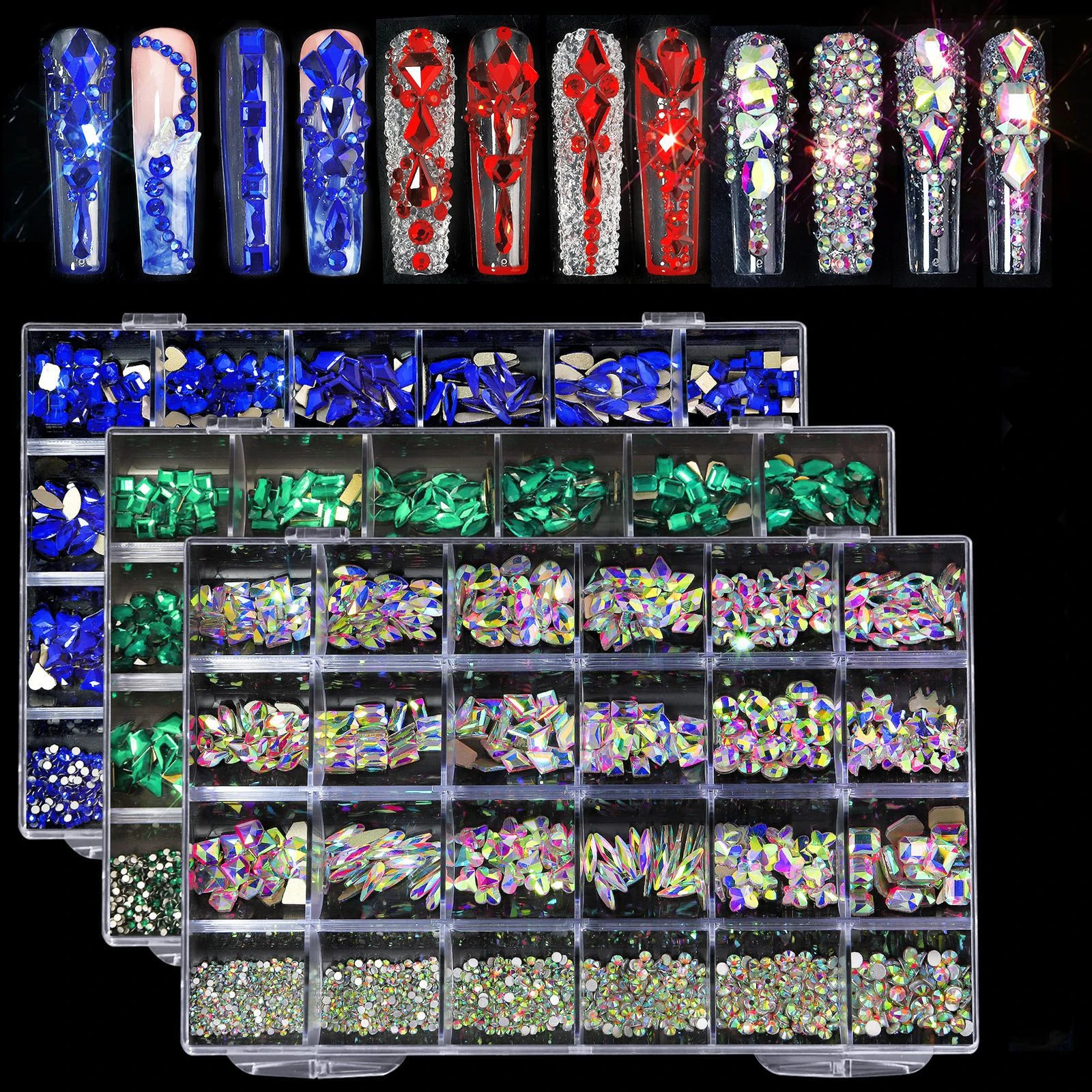 Nail Art 24 grid Rhinestone jewelry set Nail ab Flat Bottom Diamond Nail Shape Diamond Magic Color Flat glass Crystal shaped nai 241226
