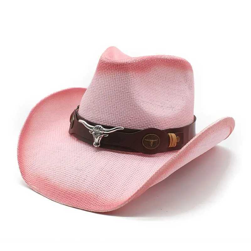 Western style denim hat each Str cow head belt breathable outdoor beach sun hat painted pink denim hat W241225