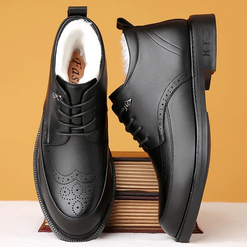 Autumn Winter Leather Velvet Hightop Brogue Shoes for Men ner Platform Mens Dress Fashion Softsoled Ankle Boot 241225