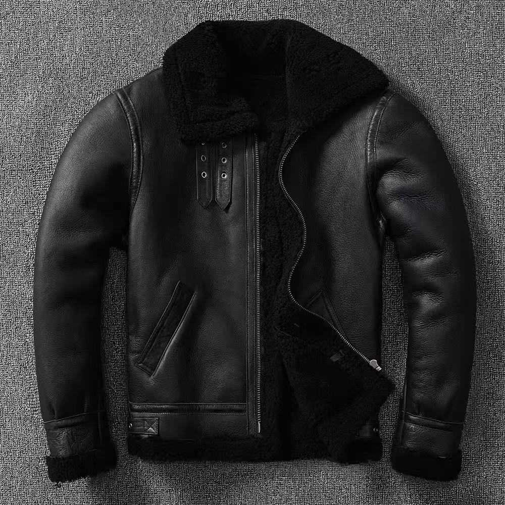 Mens Genuine Leather Pilot Jacket, B3 Bomber, Sheepskin Wool, Winter Warmth, Rock Style
