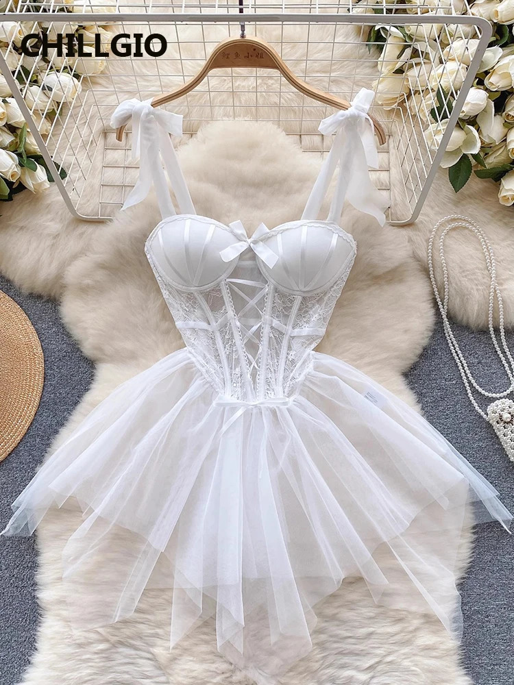 CHILLGIO Women Sexy Push Up Spaghetti Strap Dress Irregular Lace-up Intimate Lingerie Slim Tight Pajamas A Line Nightgowns 241226