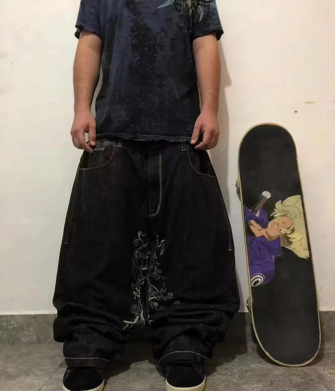 American Y2K Pattern Embroidery Clearance Spot Special Loose Jeans Men Street Hip Hop Oversized Wideleg Pants Unisex 241226