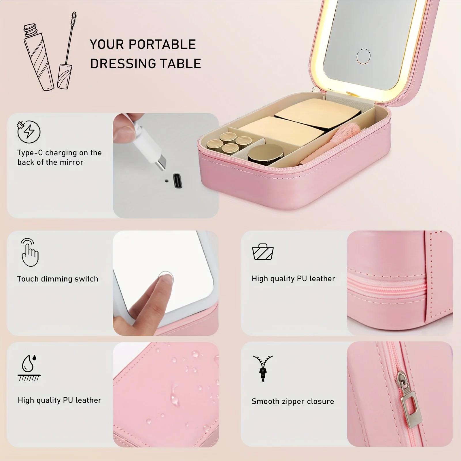 Makeup Bag With Mirror LED Travel Makeup Case Make Up Bag Light Up Mirror Adjustable 3 Color Rechargeable Jewelry Box Organizer 241226
