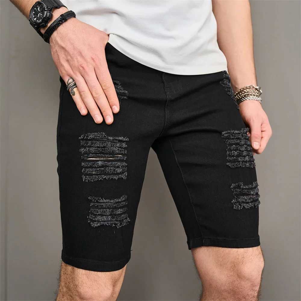 Summer new mens hole slim fit denim shorts street fashion straight mens solid casual jeans five point pants W241226