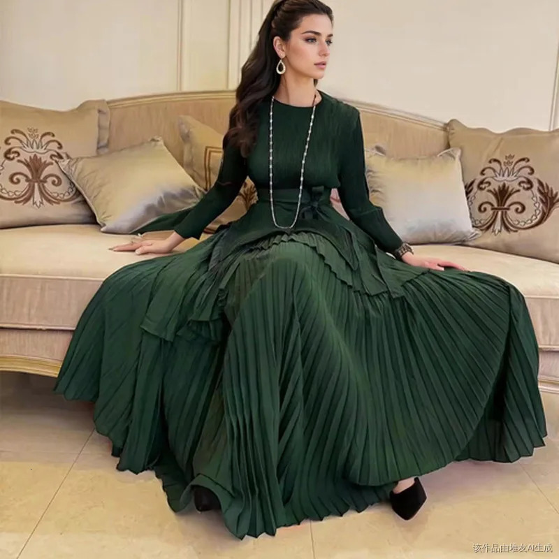 Women Pleated 2 Pieces Set 2025 Spring Holiday Bandage Belt Ruffles Stretch Irregular TopElastic Waist Long Skirt Suit Outfits 241220