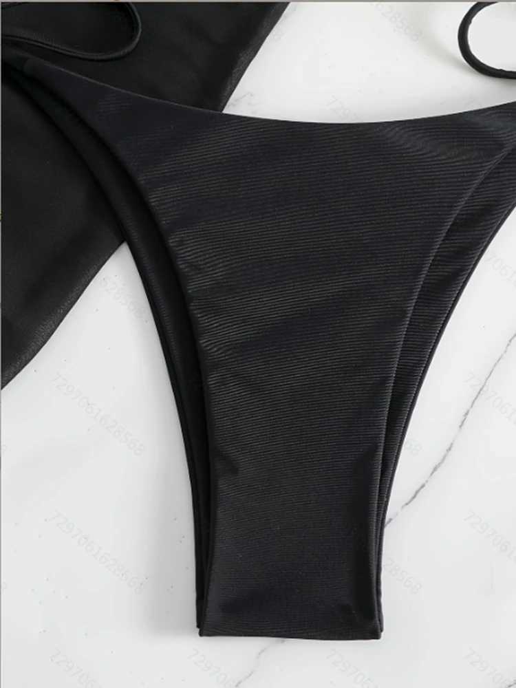 Womens 3-piece swimsuit solid suspender triangle tie bikini swimsuit covered beach skirt mini skirtW241225