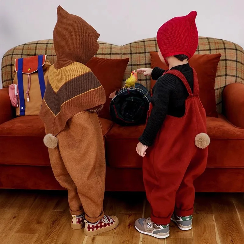 Retro Fashion Kids Over 2025 Spring Cute Rabbit Tail Girl Strap Pants Boys Baby Jumpsuit Years Childrens Clothing 241225