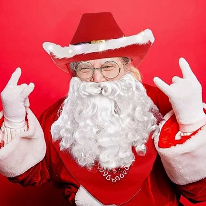 Fashion Scarf Cowboy Hat Bandana Set Christmas Party Photo Props Santa Claus Hat with Beautiful White Brim W241225